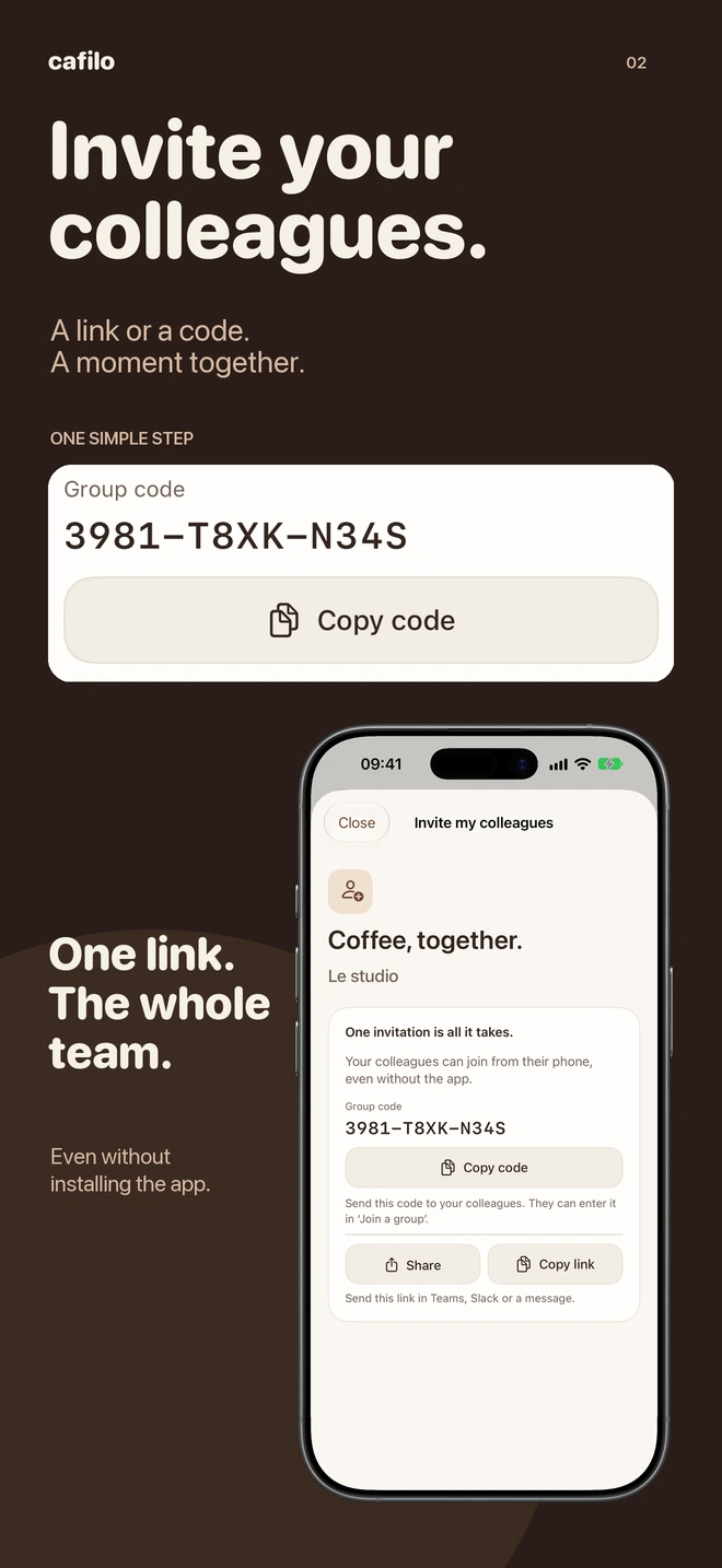 Cafilo: an invitation to share with colleagues, presented in an iPhone frame.