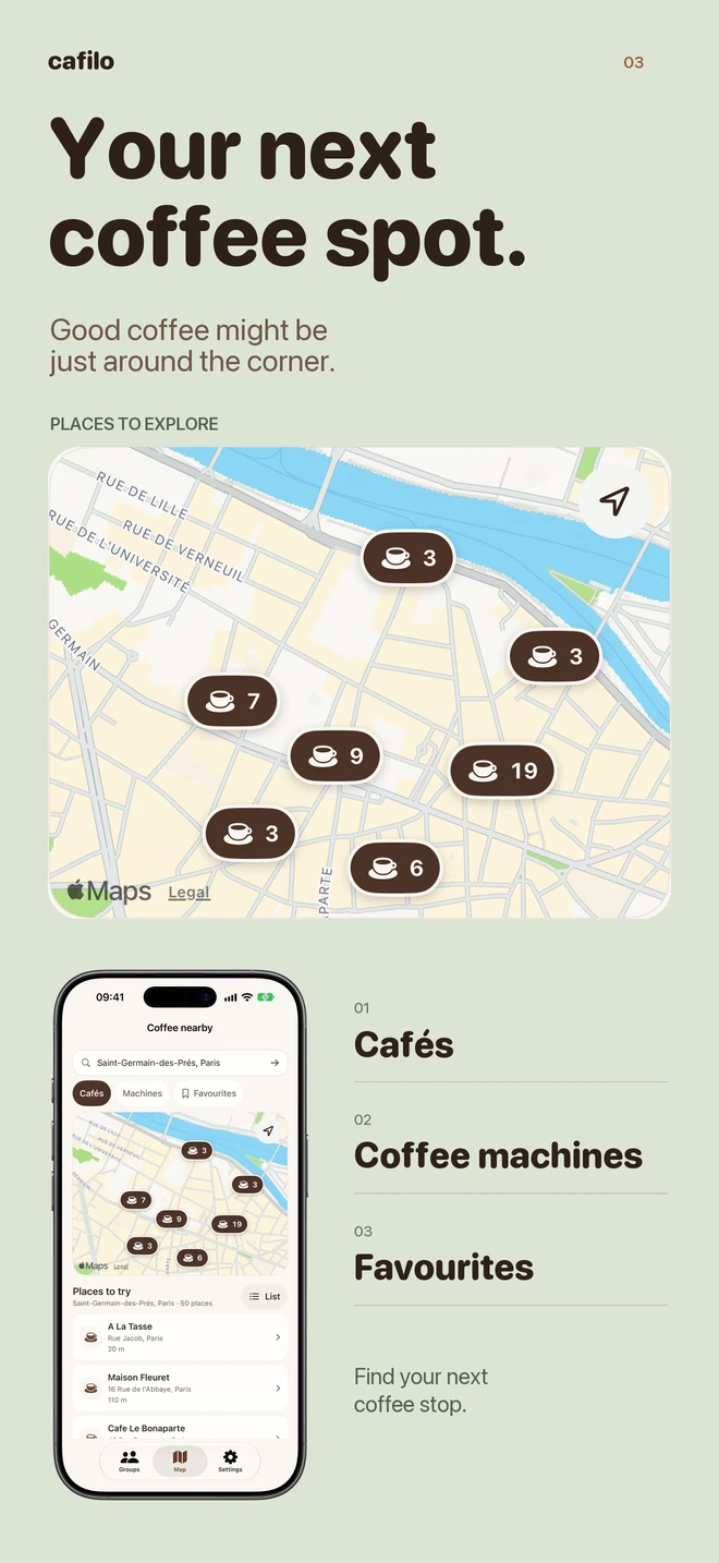 Cafilo: a map of cafés, coffee machines and favourite places.