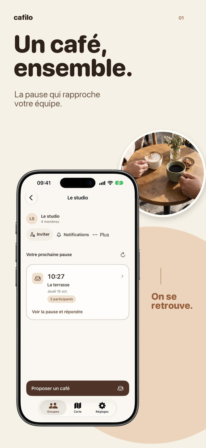 Cafilo : le groupe et sa prochaine pause café, dans un cadre iPhone.