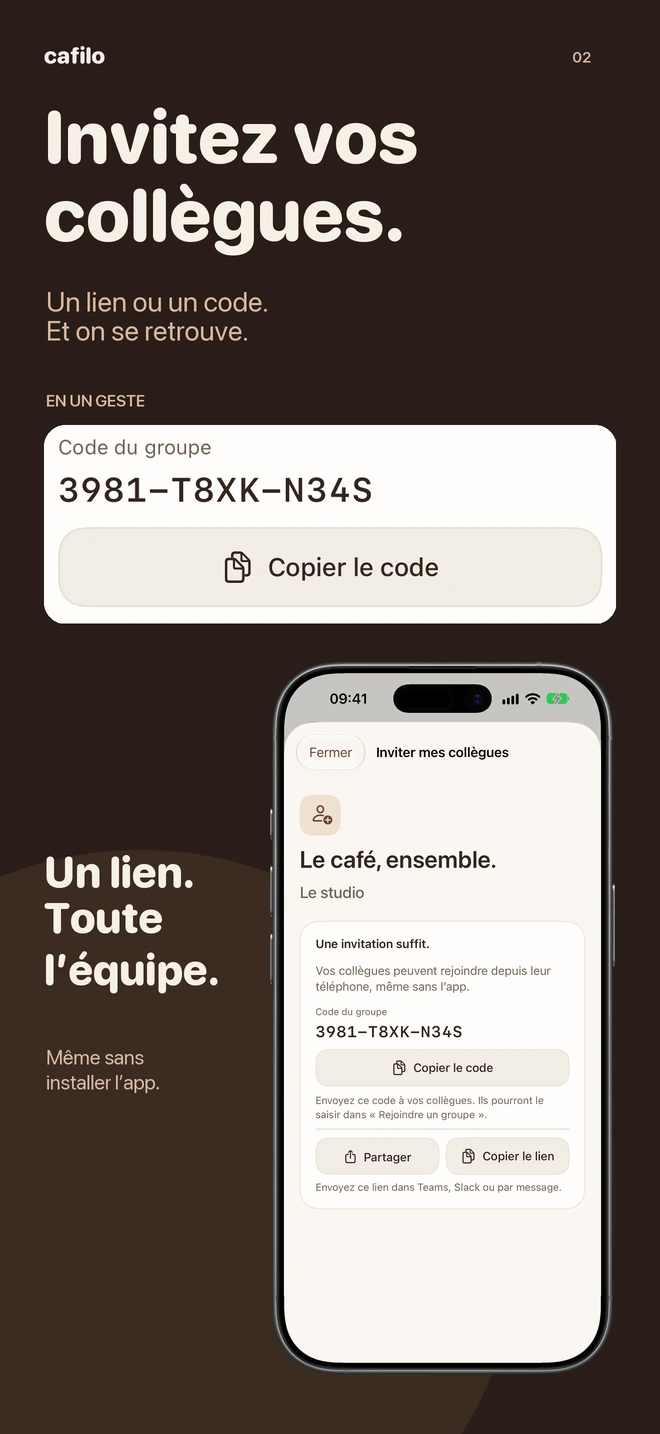 Cafilo : l’invitation à partager avec ses collègues, dans un cadre iPhone.
