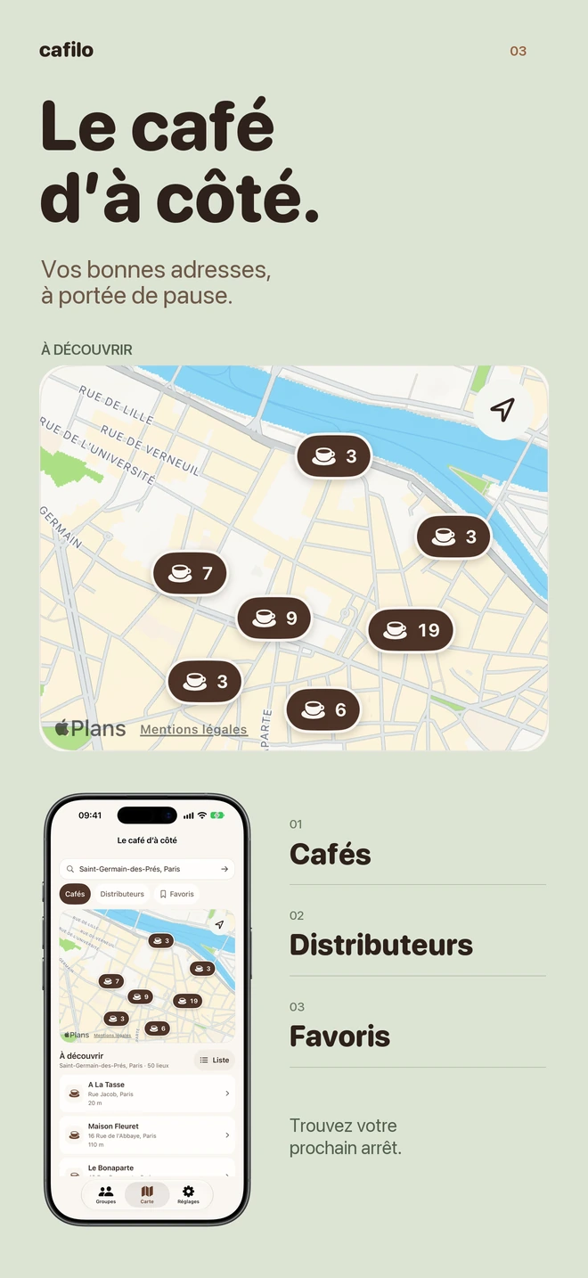 Cafilo : la carte des cafés et des distributeurs, avec les lieux favoris.
